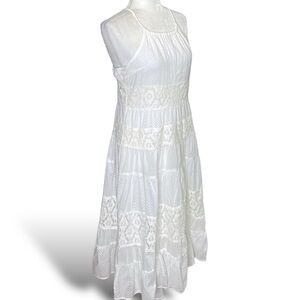 FREE PEOPLE Cotton Eyelet Lace White Halter Midi Dress Boho Cottage